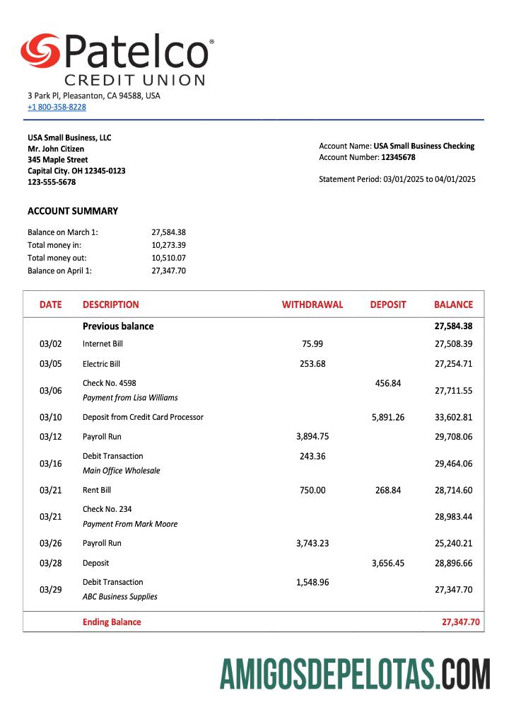 Baixável USA California Patelco Credit Union Firm modelo de extrato de conta Word e PDF
